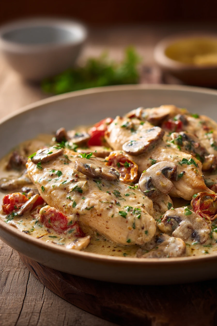 Close-up of a creamy chicken skillet with golden-brown chicken pieces and a rich sauce.