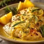 Close-up of creamy citrus chicken with rosemary, garnished with herbs on a white plate.
