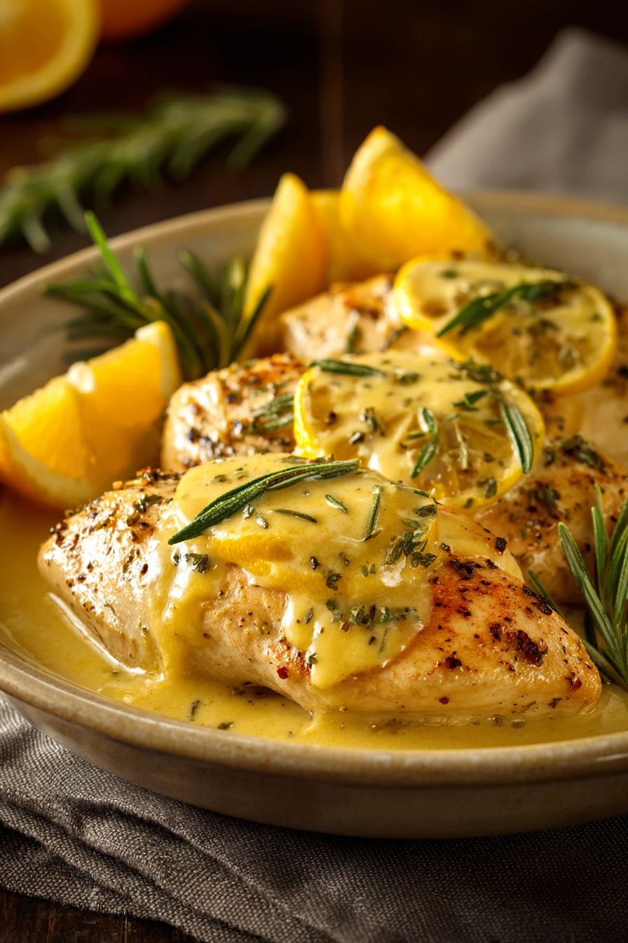 Close-up of creamy citrus chicken with rosemary, garnished with herbs on a white plate.