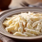 Close-up of creamy cottage cheese pasta with a rich sauce and cheese topping.