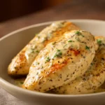 Close-up of creamy garlic chicken breast with a rich sauce on a clean white plate.