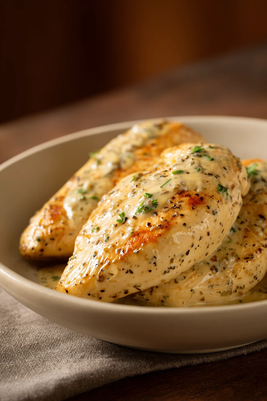 Close-up of creamy garlic chicken breast with a rich sauce on a clean white plate.