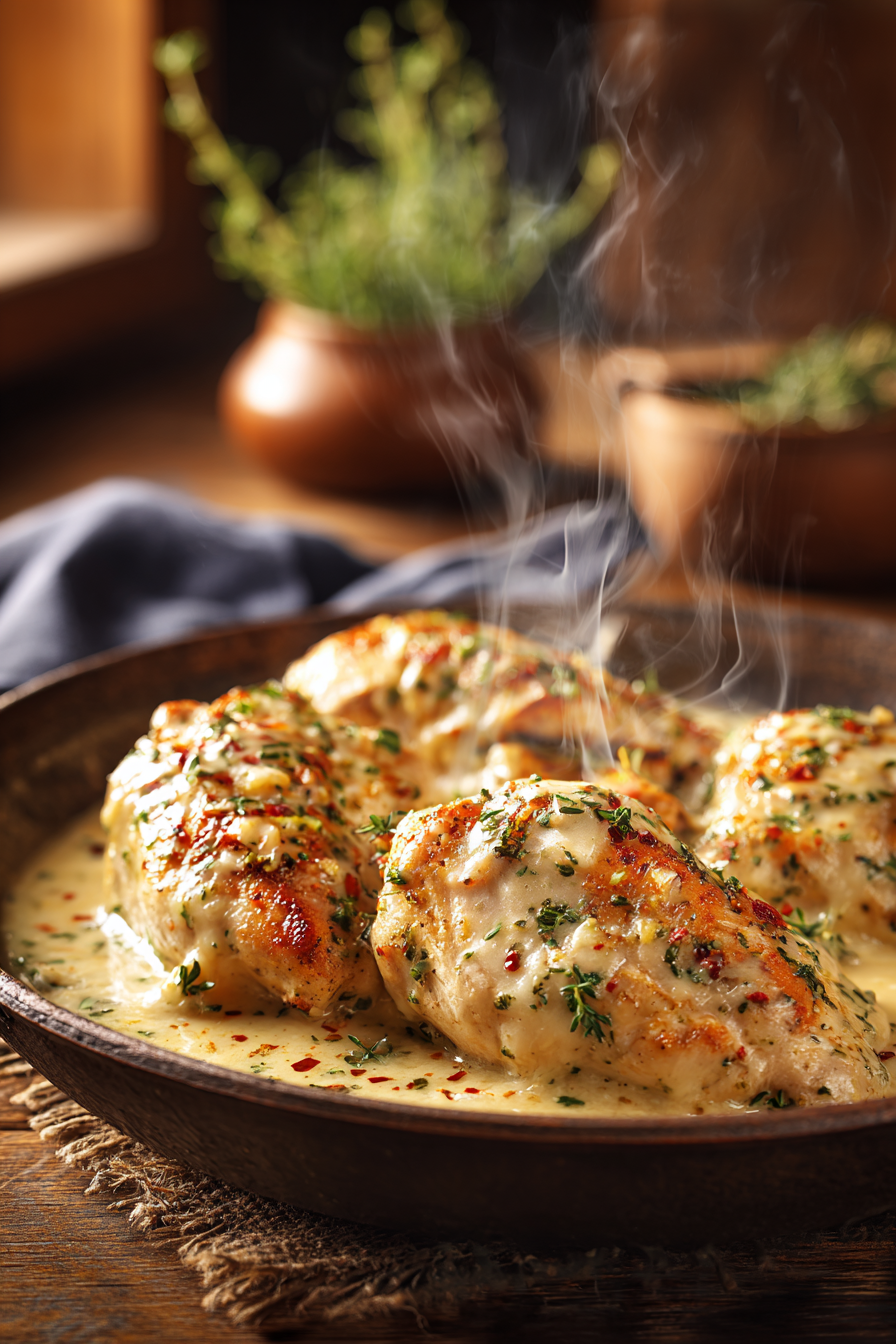 Close-up of creamy garlic parmesan chicken with tender chicken breasts in rich sauce on rustic wooden table with natural warm lighting
