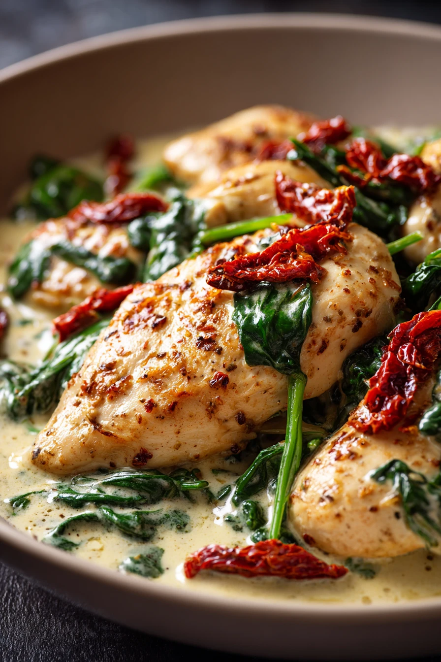 Close-up of a creamy Italian chicken skillet with herbs and sauce