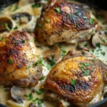 Close-up of creamy mushroom chicken thighs in a skillet with mushrooms and herbs