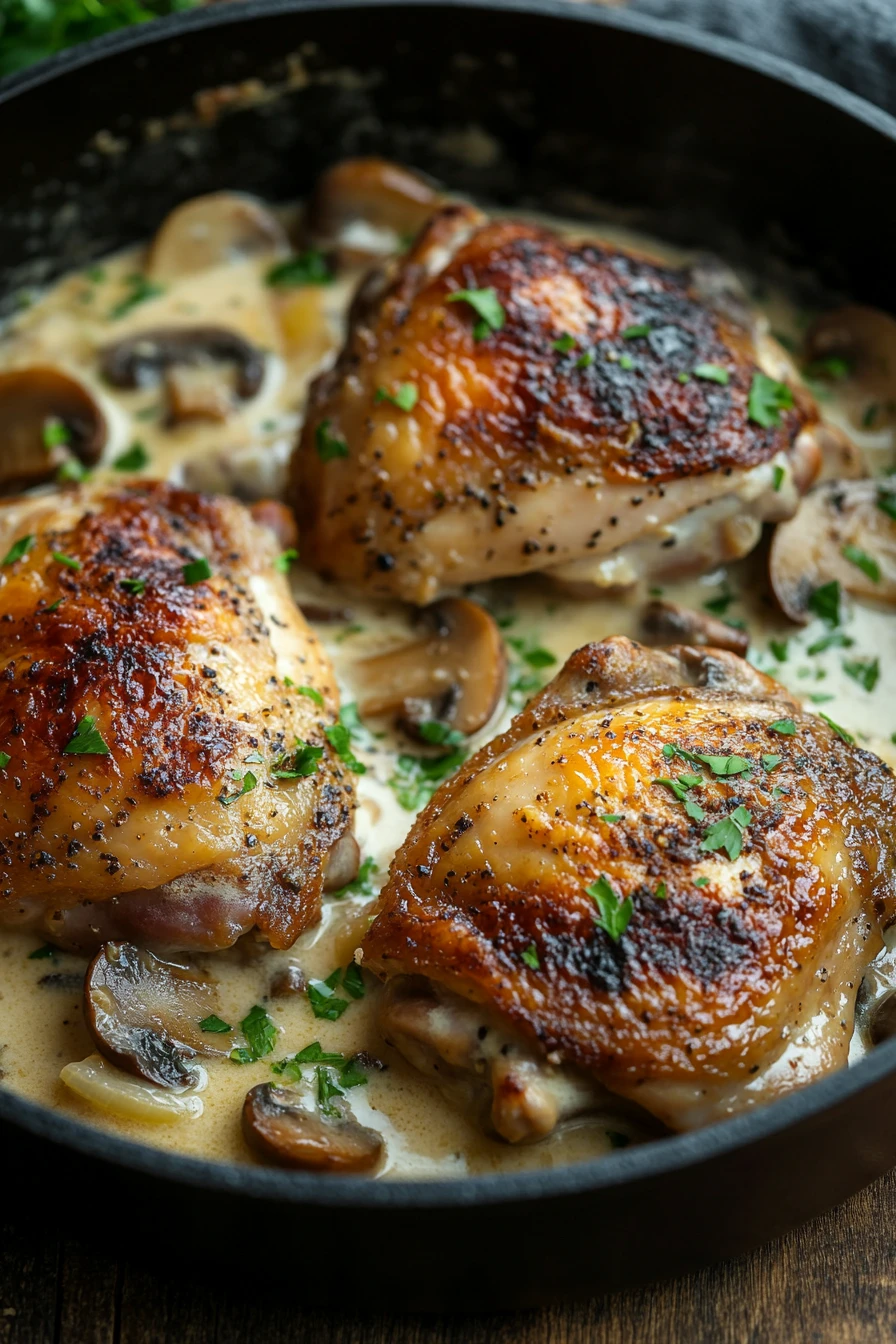 Close-up of creamy mushroom chicken thighs in a skillet with mushrooms and herbs