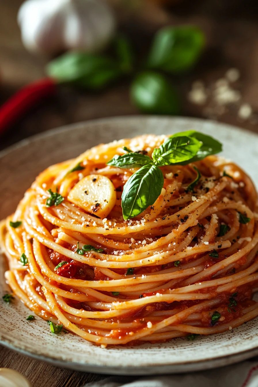 Close-up of creamy one pot pasta spaghetti with herbs on a clean background.