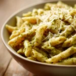 Close-up of creamy pesto pasta with a sprinkle of cheese and herbs