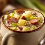 Close-up of creamy potato and sausage chowder soup with herbs in a white bowl.