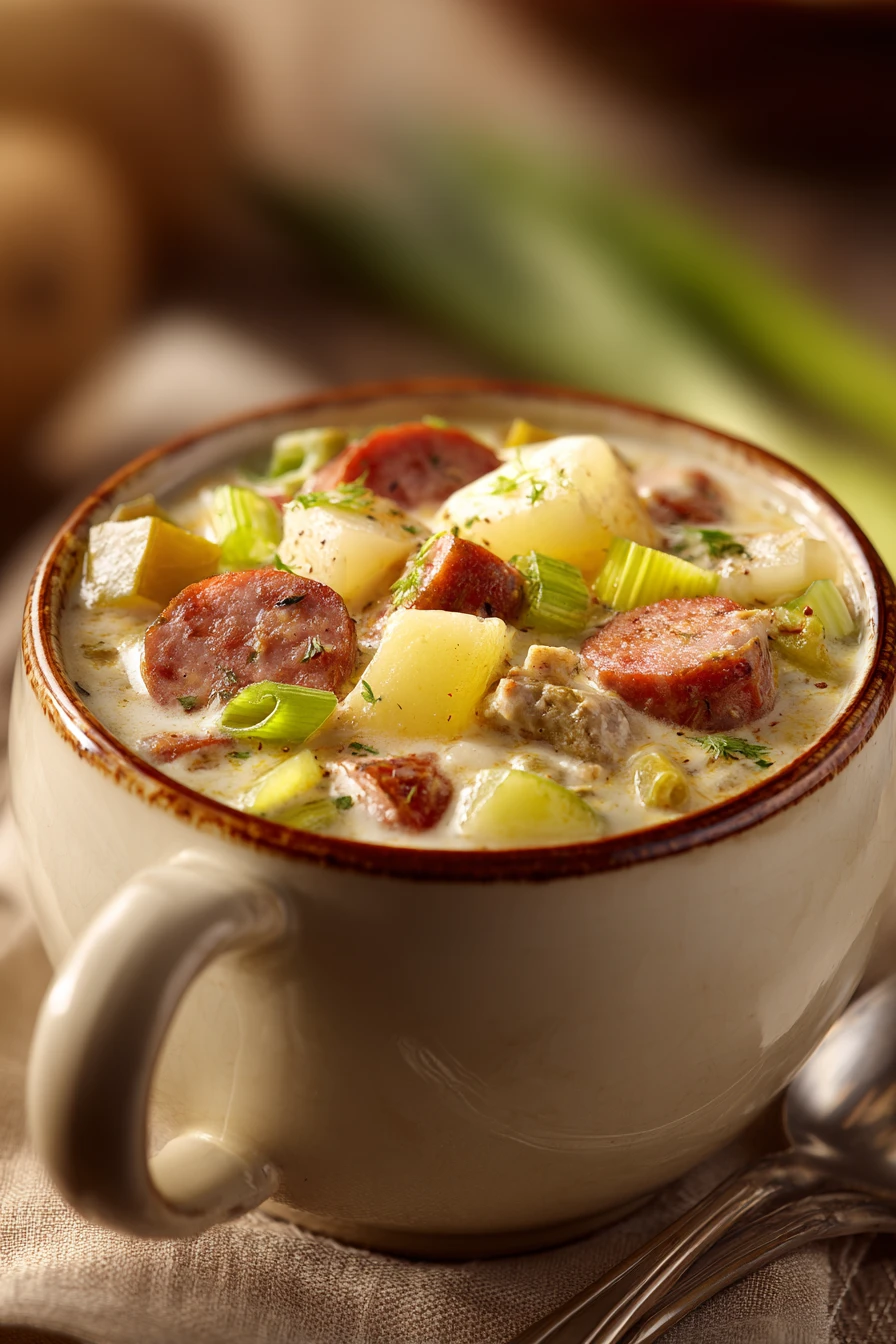 Close-up of creamy potato and sausage chowder soup with herbs in a white bowl.