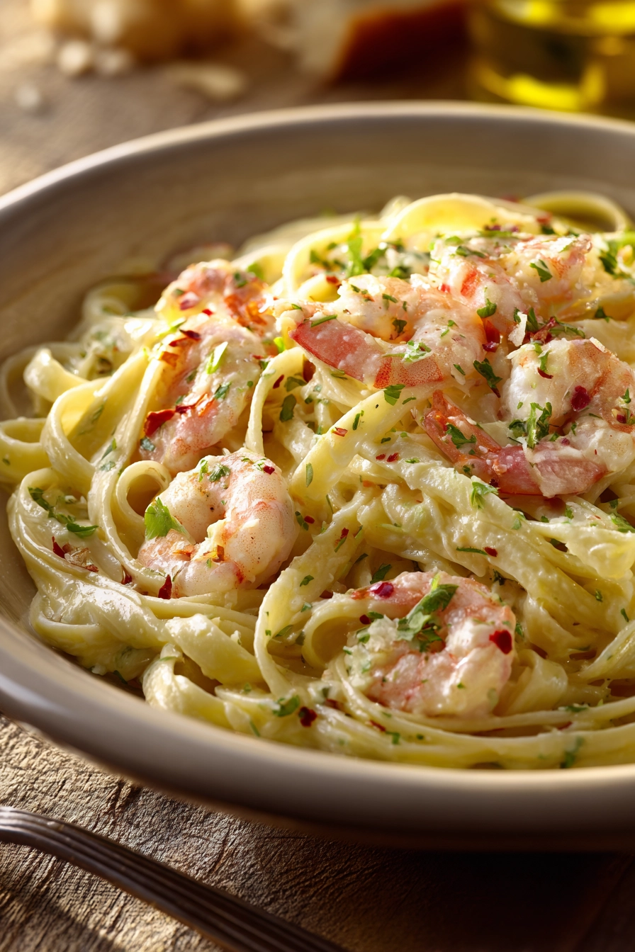Close-up of creamy shrimp pasta with a light sauce and herbs