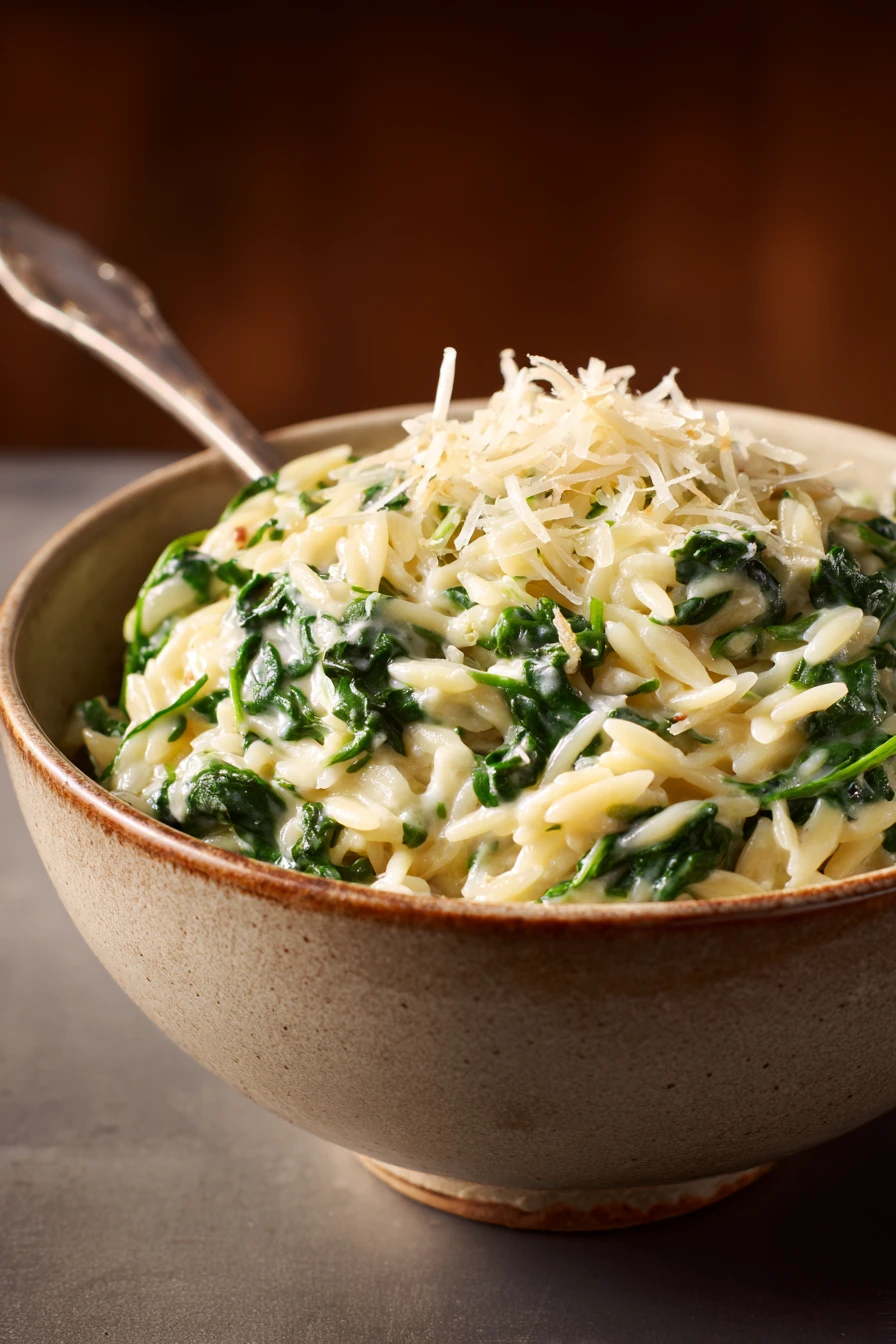 Close-up of creamy spinach orzo with parmesan, garnished with fresh herbs.