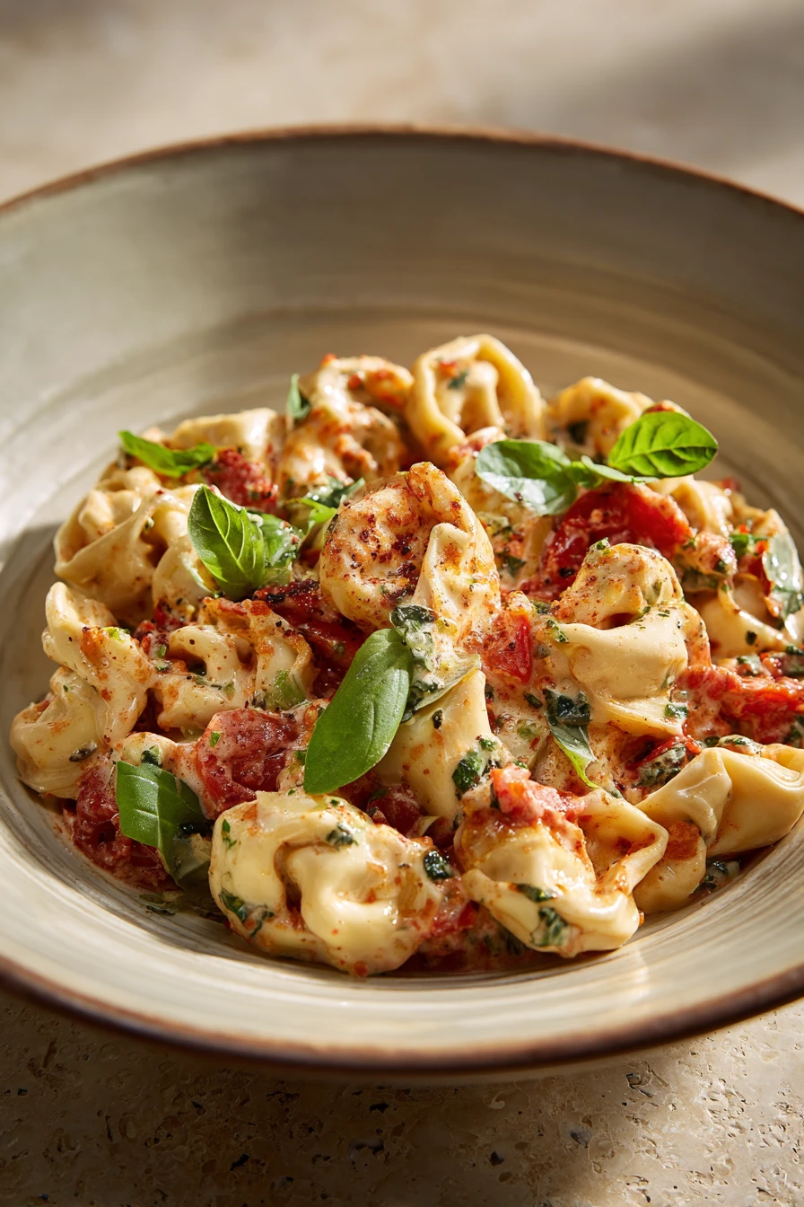 Close-up of creamy tomato basil tortellini with fresh basil garnish