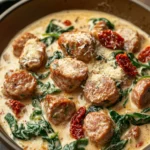 Close-up of a creamy Tuscan sausage skillet with visible textures and warm lighting