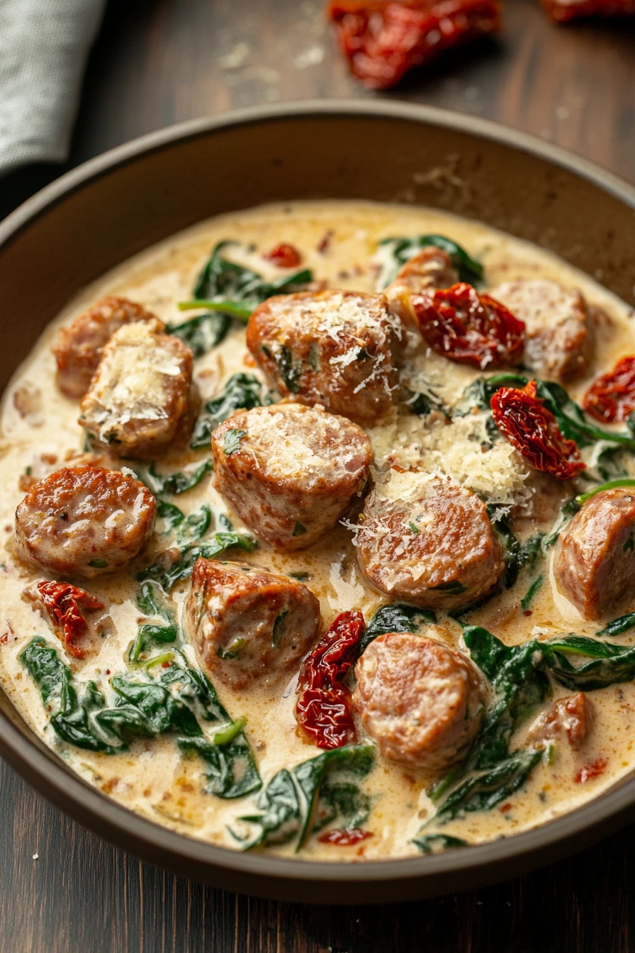 Close-up of a creamy Tuscan sausage skillet with visible textures and warm lighting