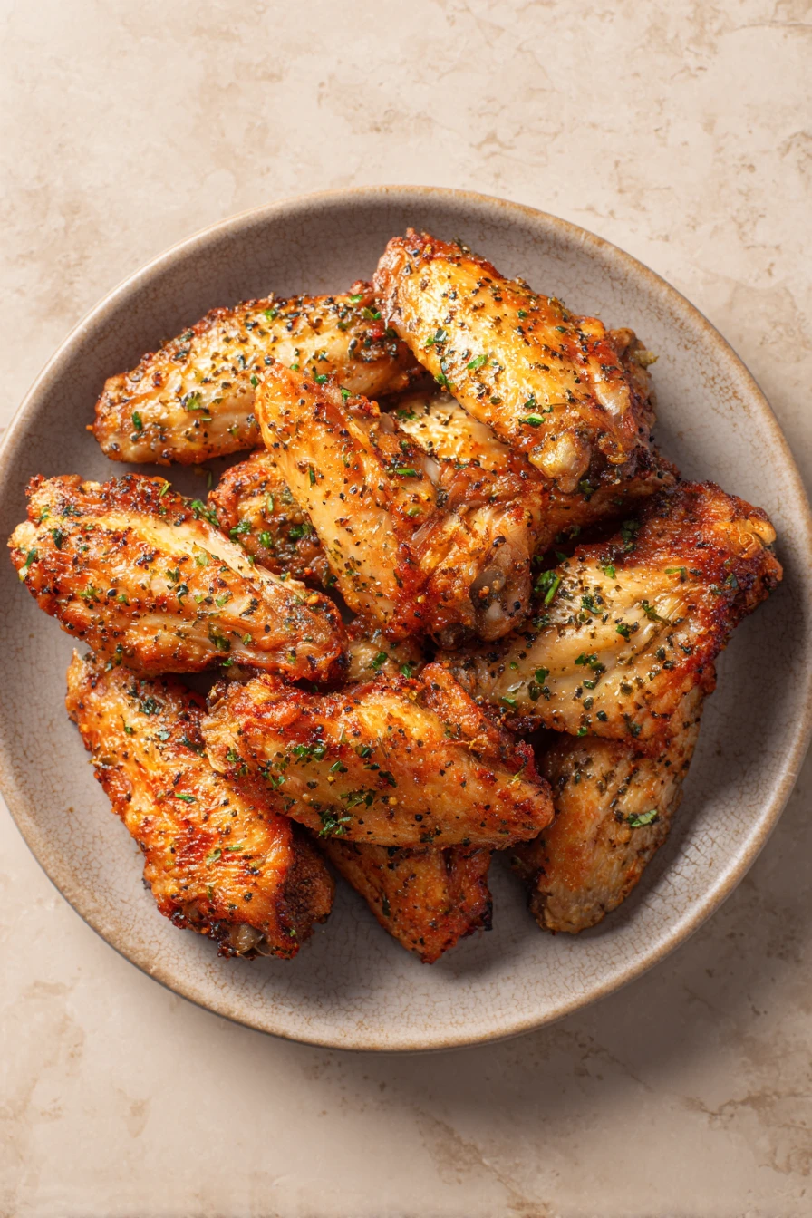 Crispy air fryer chicken wings with Italian seasoning on a plate with a light background.