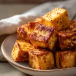 Close-up of crispy air fryer tofu on a white plate with a clean background.