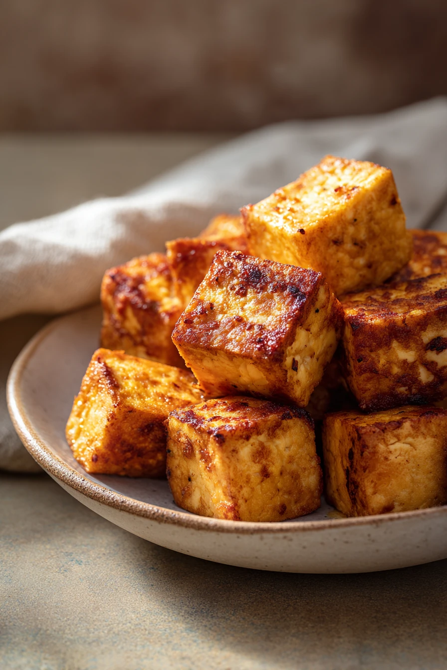 Close-up of crispy air fryer tofu on a white plate with a clean background.