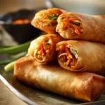 Close-up of crispy chicken spring rolls on a white plate with dipping sauce.
