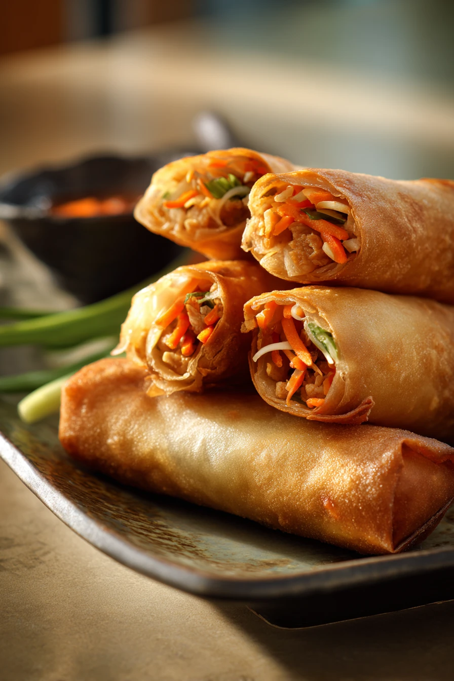Close-up of crispy chicken spring rolls on a white plate with dipping sauce.