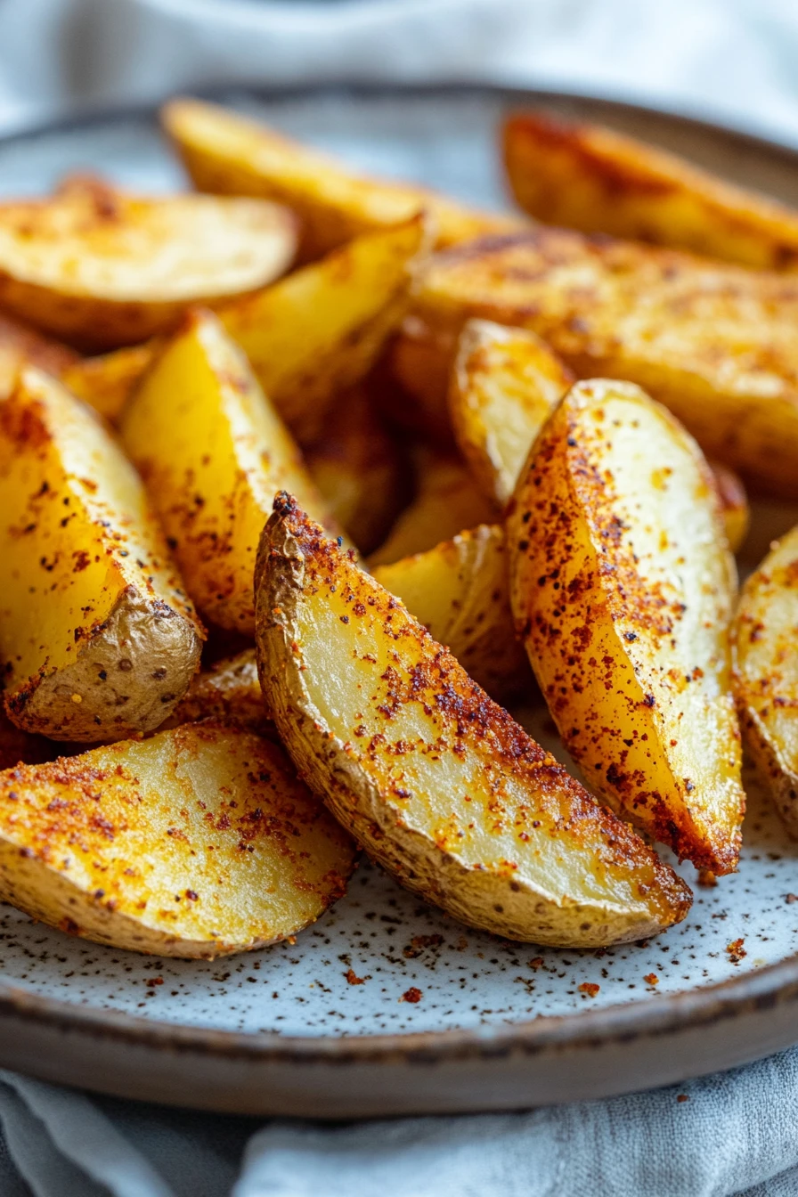 Close-up of crispy potato wedges in an air fryer basket with a clean background.