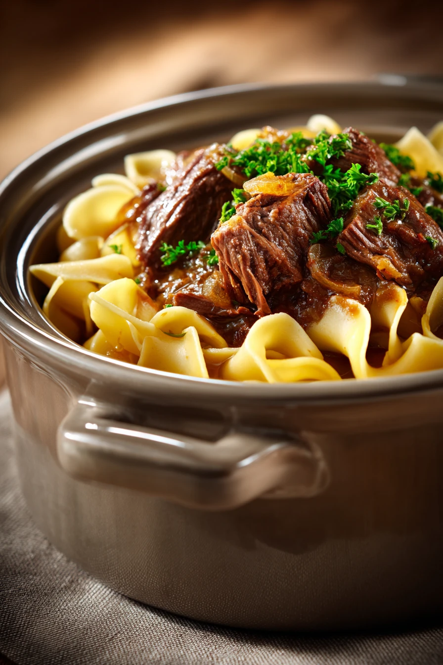 Close-up of crock pot beef with noodles in a warm, inviting setting.