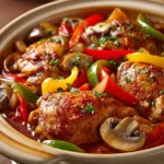 Close-up of crock pot chicken cacciatore with creamy sauce and herbs