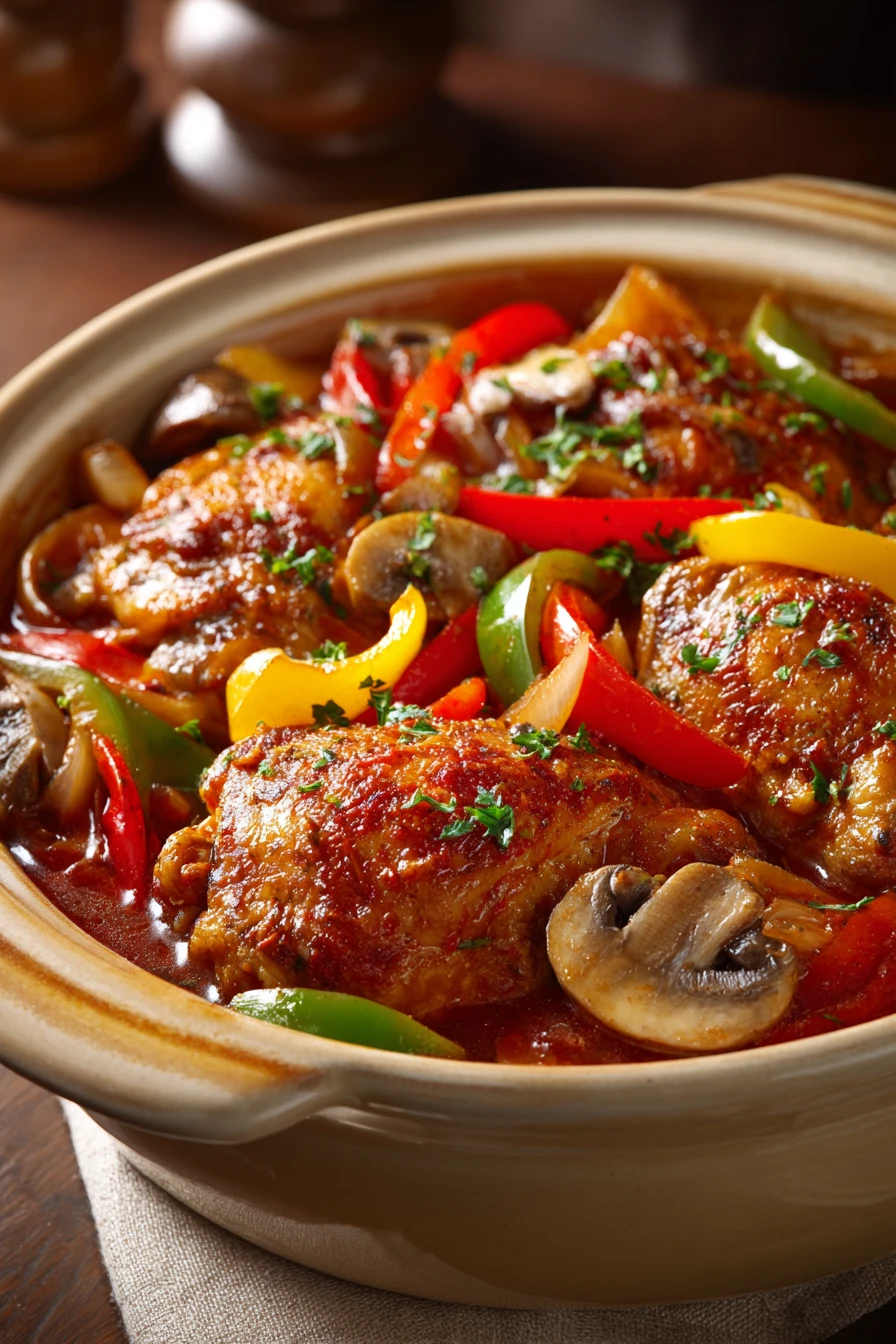 Close-up of crock pot chicken cacciatore with creamy sauce and herbs