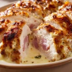 Close-up of crock pot chicken cordon bleu with creamy sauce and herbs