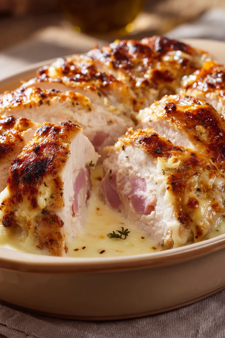 Close-up of crock pot chicken cordon bleu with creamy sauce and herbs