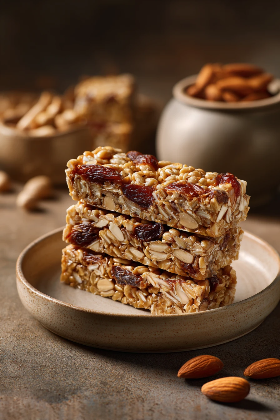 Close-up of Date Almond Oat Bars with a clean background, showcasing textures and natural lighting.