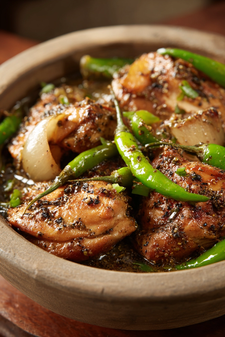 Close-up of Black Pepper Chicken with creamy sauce and herbs on a white plate.