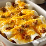 Close-up of breakfast enchiladas with melted cheese and fresh herbs on a white plate
