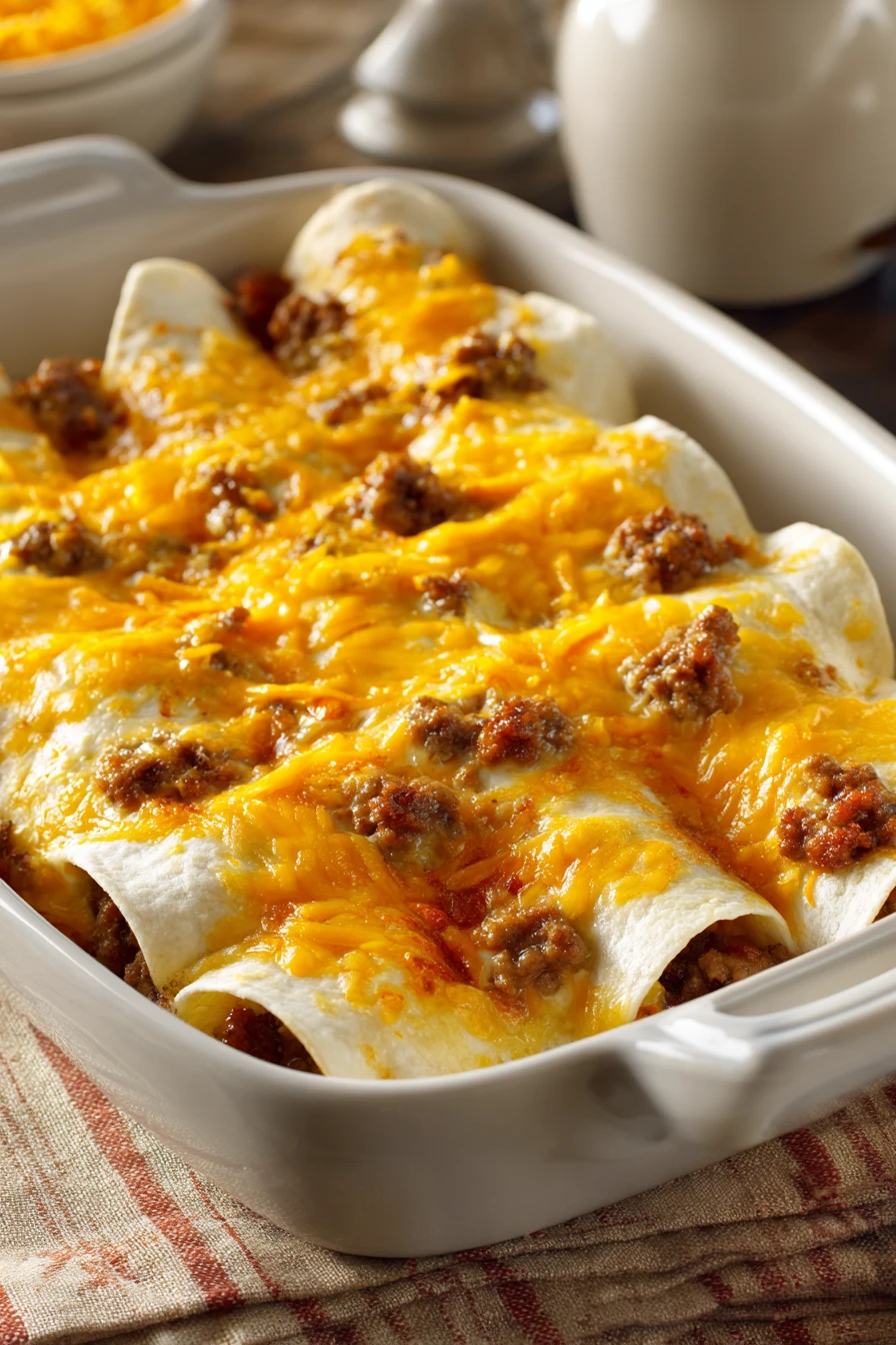 Close-up of breakfast enchiladas with melted cheese and fresh herbs on a white plate