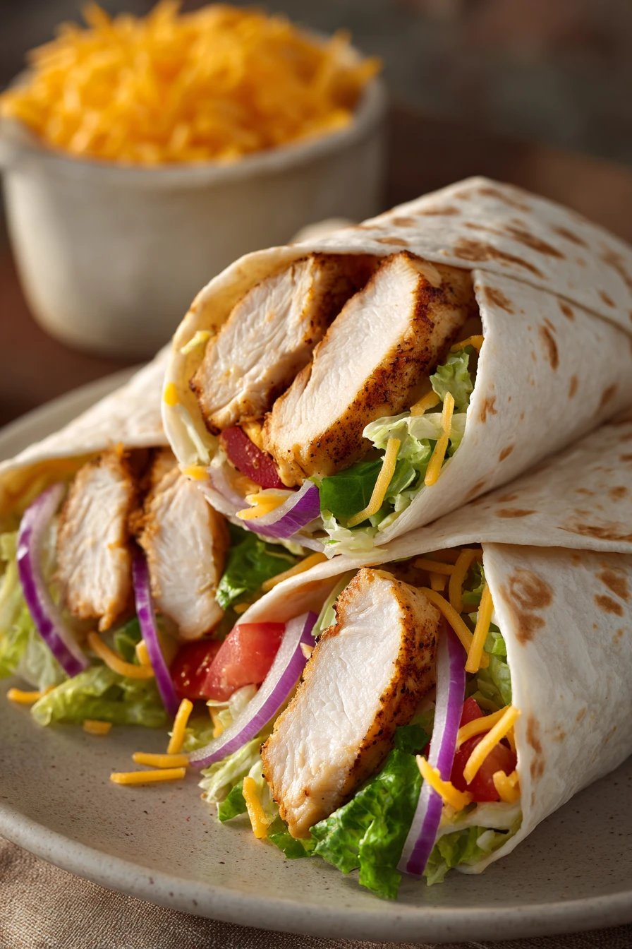 Close-up of chicken breast wraps with fresh vegetables and a clean background