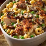 Close-up of chicken casserole with creamy sauce and rotisserie chicken pieces