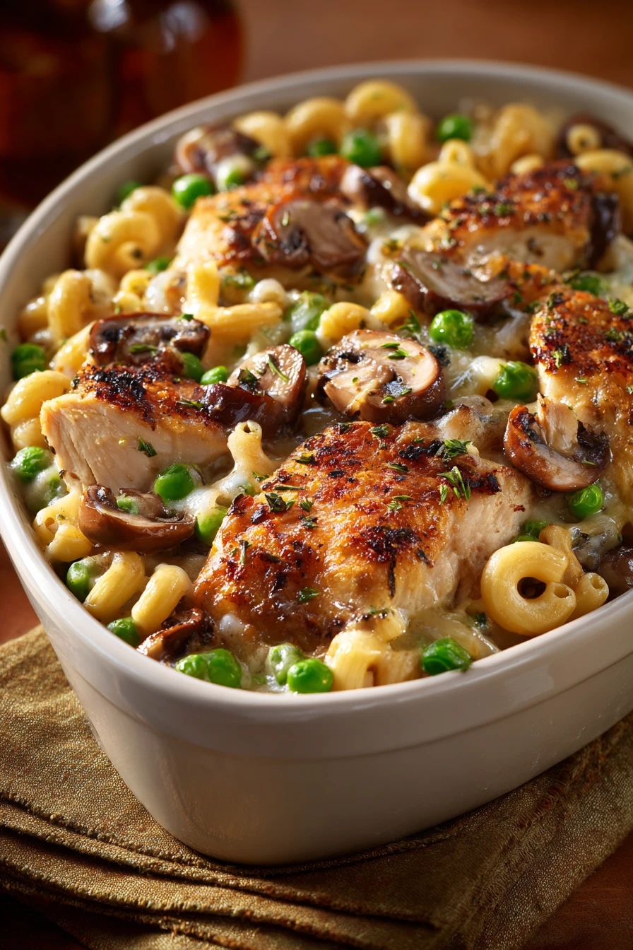 Close-up of chicken casserole with creamy sauce and rotisserie chicken pieces