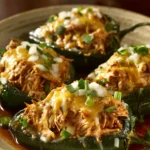 Close-up of Chicken Chiles Rellenos with melted cheese and roasted peppers on a white plate.