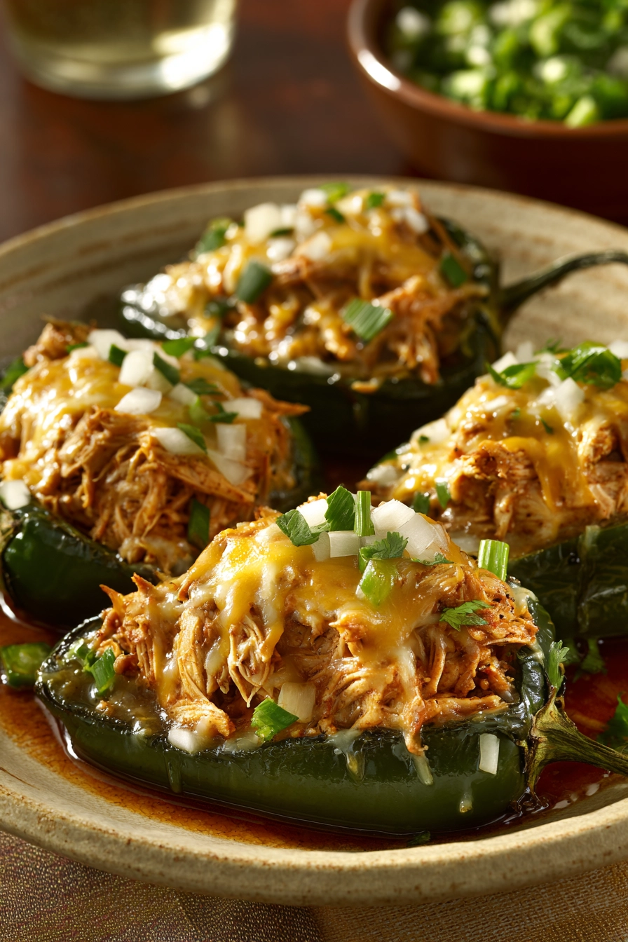 Close-up of Chicken Chiles Rellenos with melted cheese and roasted peppers on a white plate.