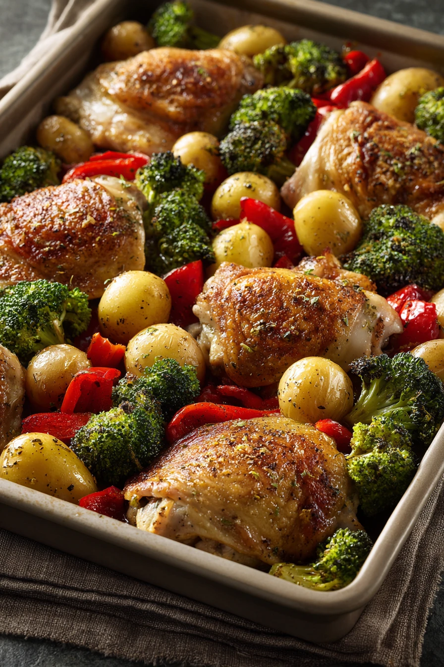 Close-up of a chicken dinner on a sheet pan with vegetables and creamy sauce.