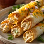 Close-up of crispy chicken flautas with a side of creamy sauce on a clean white plate.