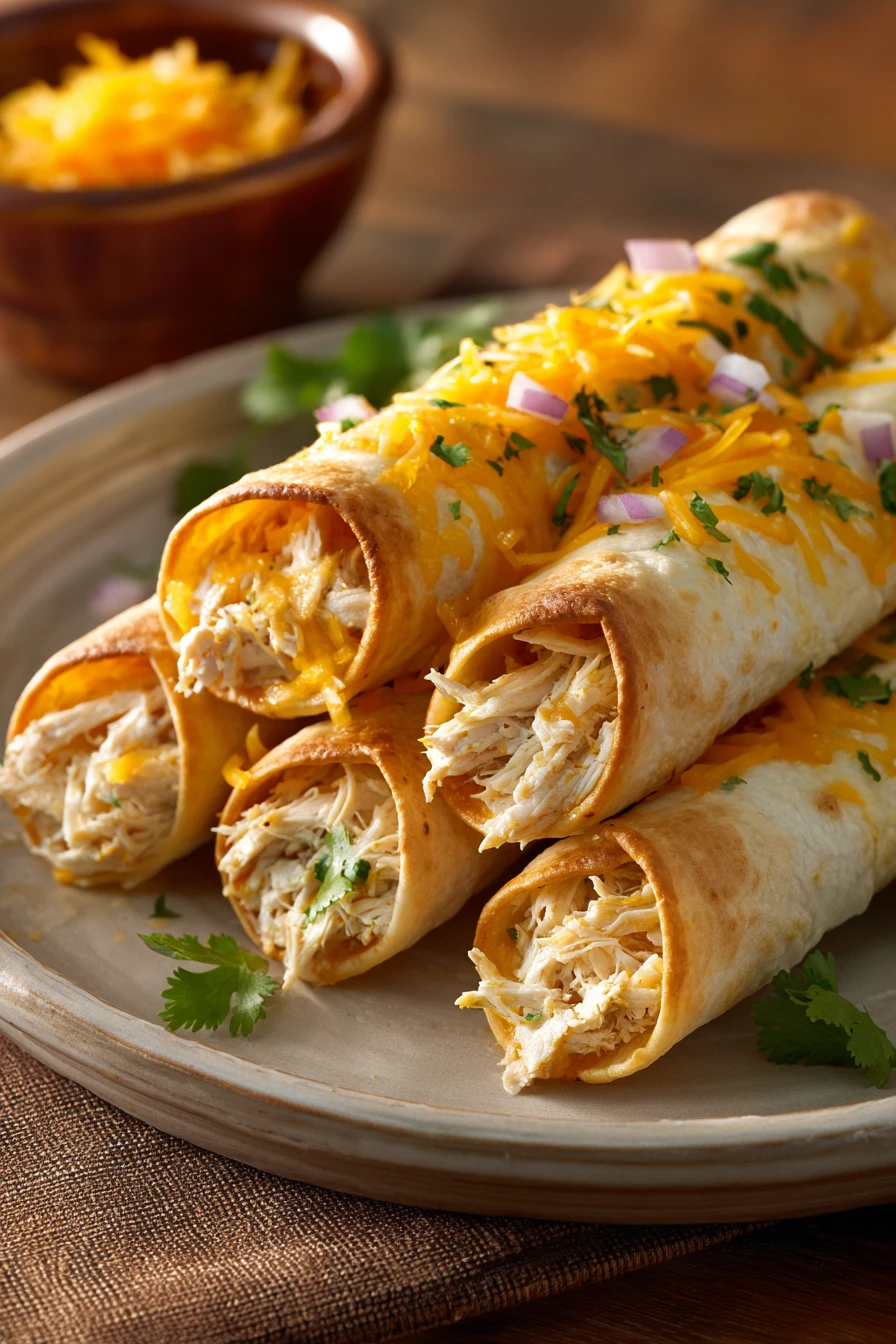 Close-up of crispy chicken flautas with a side of creamy sauce on a clean white plate.