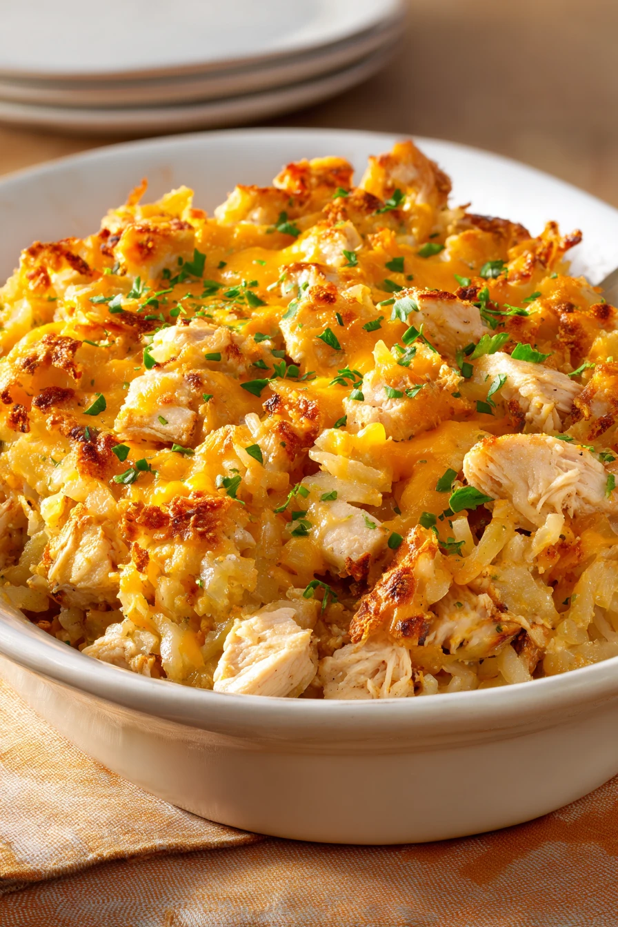 Close-up of a chicken hash brown casserole with golden crust and creamy texture.