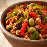 Close-up of Chicken Picadillo with vibrant colors and appetizing presentation
