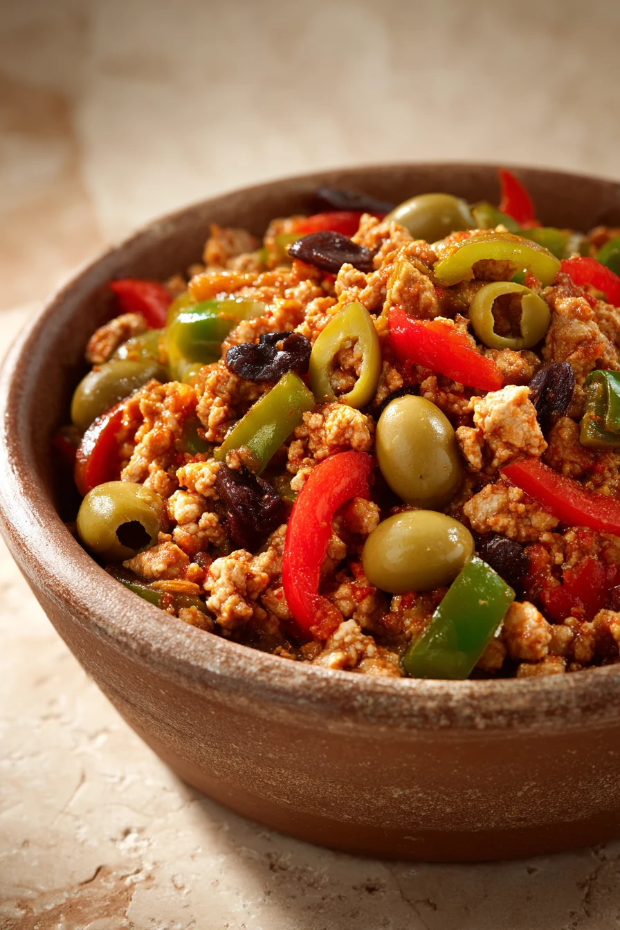 Close-up of Chicken Picadillo with vibrant colors and appetizing presentation