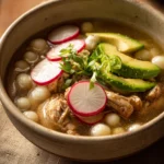 Close-up of Chicken Pozole with vibrant toppings and a clear broth in a white bowl.
