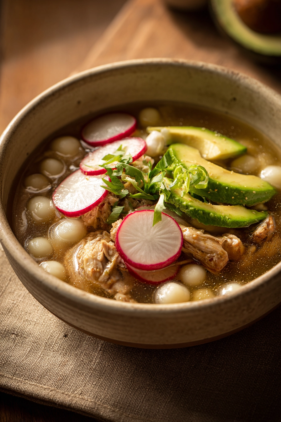 Close-up of Chicken Pozole with vibrant toppings and a clear broth in a white bowl.