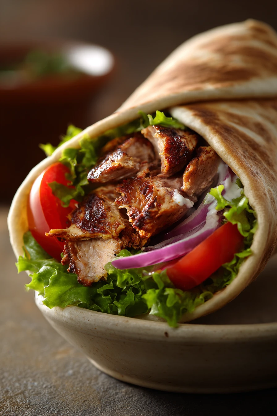 Close-up of a Chicken Shawarma Wrap with fresh vegetables and creamy sauce on a clean background.