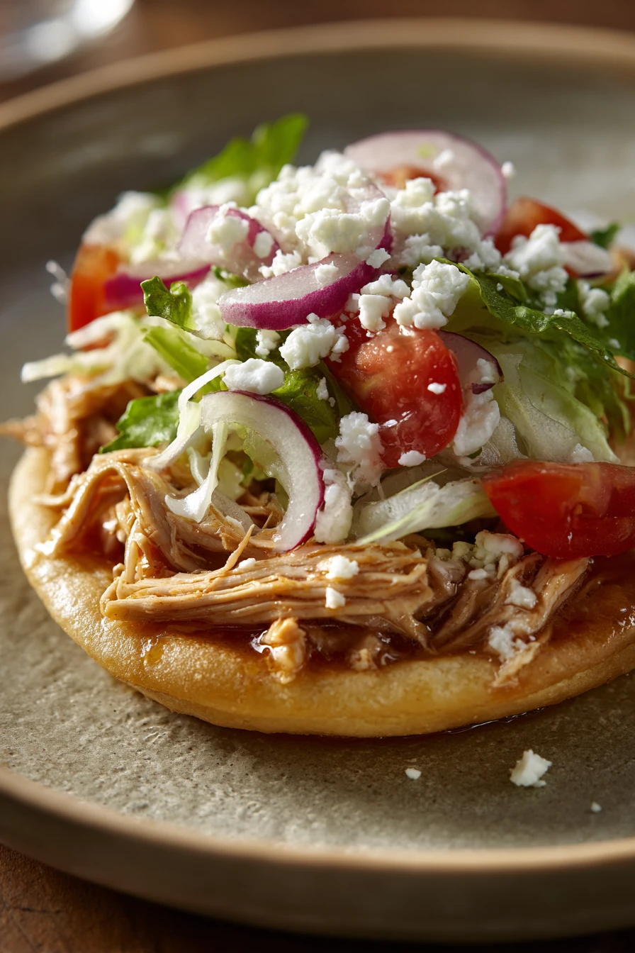Close-up of chicken sopes with toppings on a clean plate
