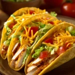 Close-up of delicious chicken tacos with fresh toppings and a warm, inviting presentation.